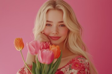 Fototapeta premium Portrait of cheerful young lady with romantic spring bouquet of tulips over pink studio background. Gorgeous blonde enjoying Woman's Day celebration, receiving flowers as special gift