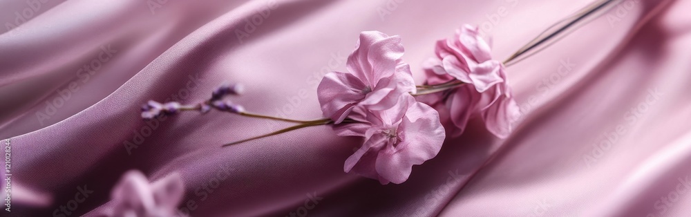 Aufkleber Delicate lavender flowers resting on soft fabric create a serene and calming atmosphere for any setting