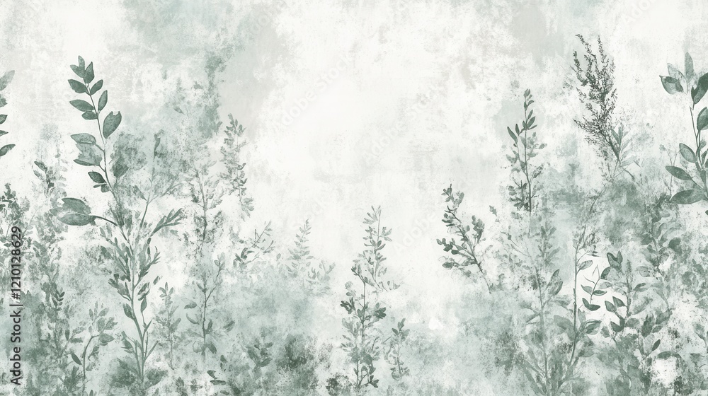 Poster Muted mint fields with smooth pencil strokes depicting delicate foliage in a serene landscape setting