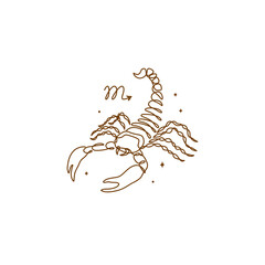 Continuous line drawing of astrological Scorpio zodiac sign. Line art symbol and icon of esoteric zodiacal horoscope. Minimalist black linear sketch isolated on white background.