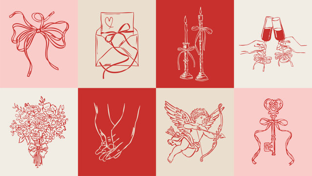 Love and wedding sketch style illustration set. 