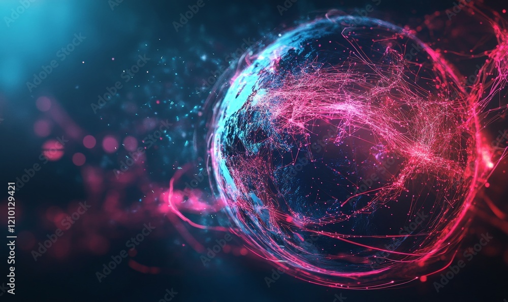 Poster communication technology global world network concept. connection lines around earth globe, motion o