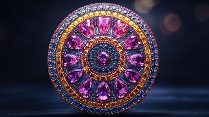 Intricate symmetrical circular design featuring vibrant neon lights in pink, purple, blue, and yellow, accented by a dotted border against a dark background.