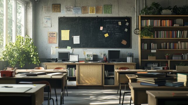 School classroom interior with teacher table and green chalkboard on wall, geometric rulers, books and folders in cabinet, education schemes and posters, computer and plants. Cartoon vector schoolroom