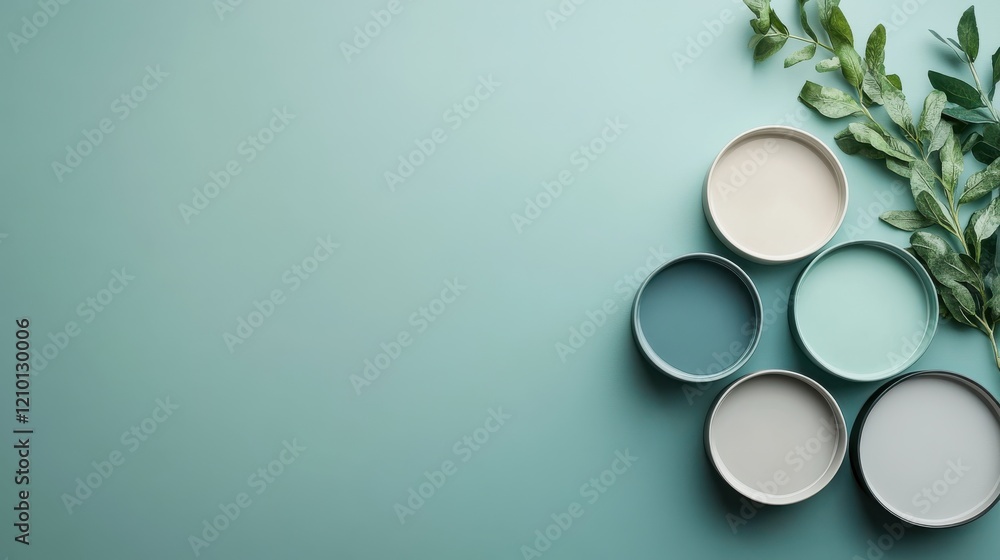 Poster Gradient backdrop with minimalist paint cans and greenery arranged for creative projects in a serene environment