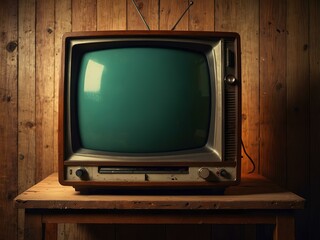 Stepping into the Past: A Retro-Style Room with a Vintage TV on a Worn Wooden Desk, The Screen Glowing Softly, Filling the Space with Warm Nostalgia and a Cozy, Timeless Ambience