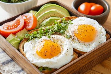 A zwieback toast served with poached eggs and avocado, garnished with microgreens for a contemporary twist