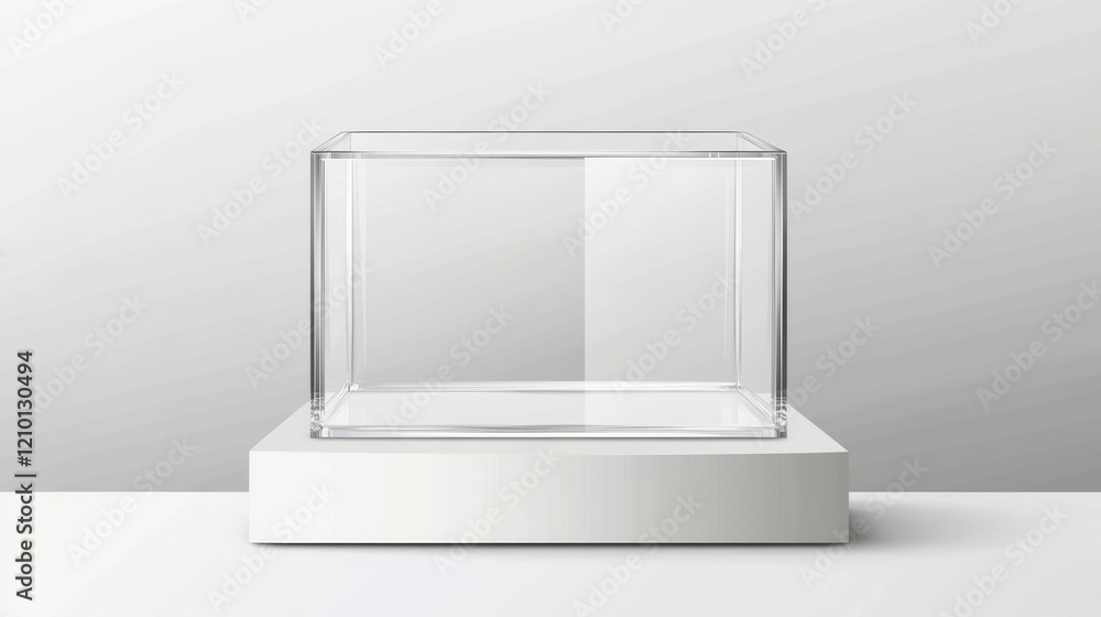 Poster glass cube box on white stand. empty clear square showcase on podium in front and angle view. vector