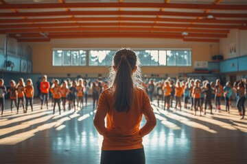 Rear view of coach and her students warming up during physical education at elementary school gym. Generative AI