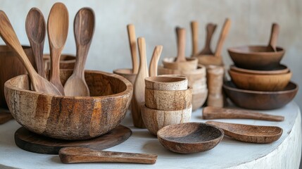 Artisan wooden kitchenware collection made from sustainable tree bark featuring bowls and utensils arranged aesthetically on a light surface