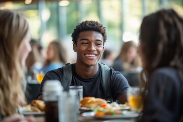 Group of college students learn together during lunch break in cafeteria. Generative AI