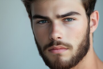 Naklejka premium A close-up portrait of a young man with a beard and striking blue eyes against a neutral background.