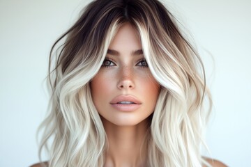 Fototapeta premium A stunning woman with long, wavy hair and a natural makeup look against a light background.