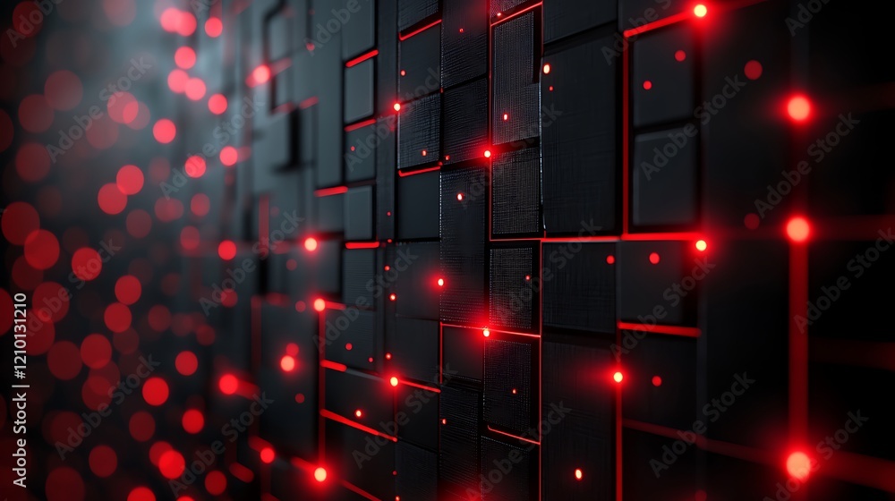 Poster abstract grid: a geometric pattern of black squares with vibrant red glowing points, evoking a sense