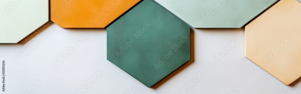 Poster Elegant white composition features bold hexagonal shapes in muted colors creating a harmonious design for modern spaces