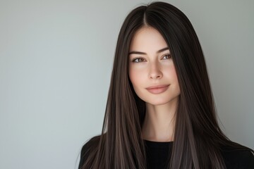 Naklejka premium A young woman with long, straight hair smiling softly against a light background.
