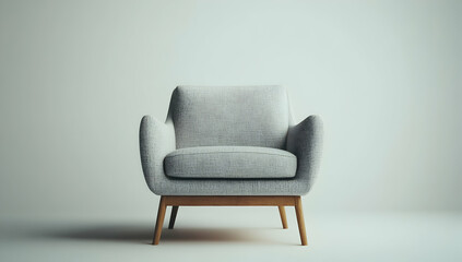 A Photoshop image of a gray chair with wooden legs, set against a white background