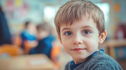 Young boy with bright eyes and light brown hair sitting at classroom desk with blurred colorful background in a back to school setting