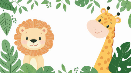 Obraz premium Dibujo en color de un león y una jirafa rodeados de plantas y hojas verdes, sobre fondo blanco con espacio vacio en el centro. Concepto tarjetas de felicitacion para niños, cuentos infantiles