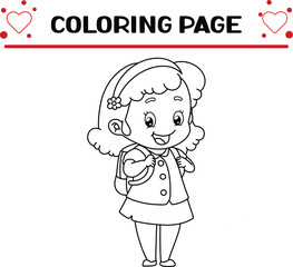 happy student girl is ready go school coloring page for kids