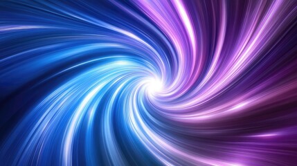 Fototapeta premium Dynamic swirling vortex in vibrant blue and purple tones with luminous bright light at the center, abstract digital backdrop for cosmic themes.