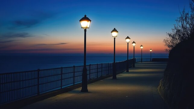 Scenic promenade at dusk featuring streetlights along a tranquil asphalt path beside the ocean with a minimalistic aesthetic. - Powered by Adobe