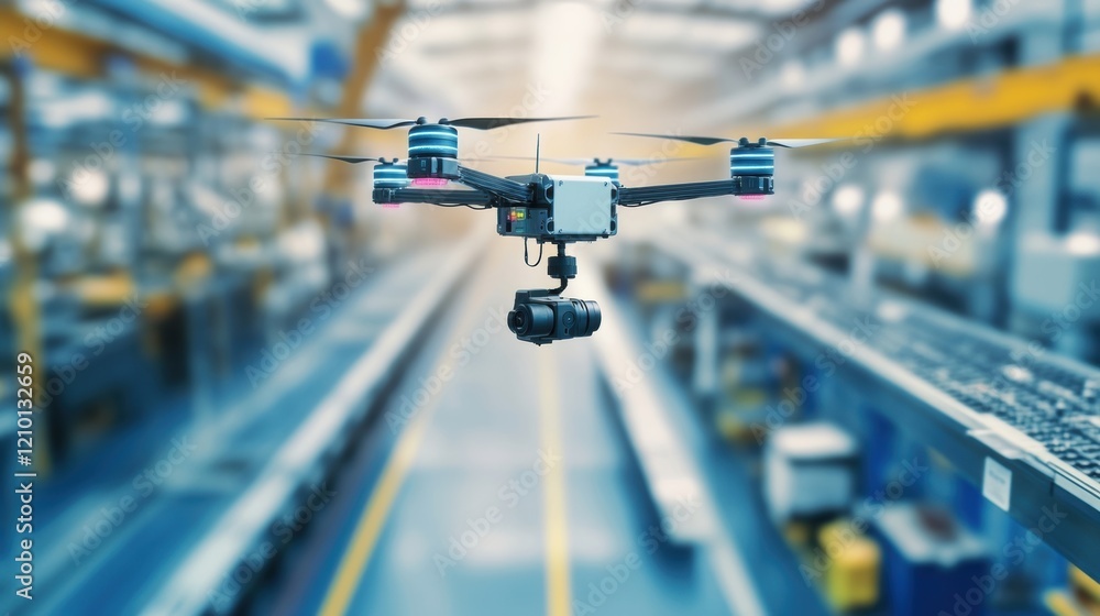 Poster modern drone equipped with camera hovering over production line, monitoring manufacturing process in