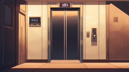 Empty elevator cabin with closed steel doors inside view. Vector realistic interior of passenger lift with buttons panel and digital display with number of floor in house or office building