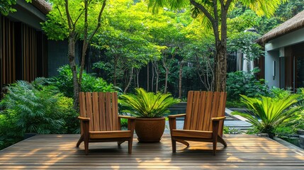 Obraz premium Symmetrical Wooden Lounge Chairs on Natural Spa Deck Surrounded by Lush Greenery and Potted Pine Trees Ideal for Resort Marketing and Furniture Catalogs