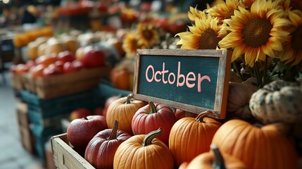 Seasonal October Sign Displaying Autumn Vibes and Festive Anticipation in a Colorful Outdoor Setting