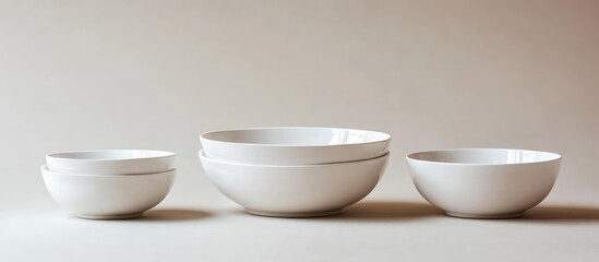 Elegant white ceramic bowls of varying sizes arranged on a soft neutral background with ample empty space for kitchenware text display.
