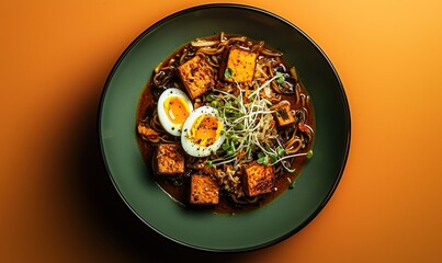 Rich mee rebus noodles served with boiled eggs and fried tofu on a smooth green plate against a muted orange background