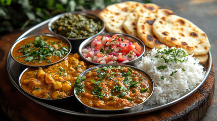 A traditional Indian variety of flavorful curries, aromatic basmati rice, warm naan bread, and a selection of accompaniments like raita and pickle, arranged on a stainless steel platter.