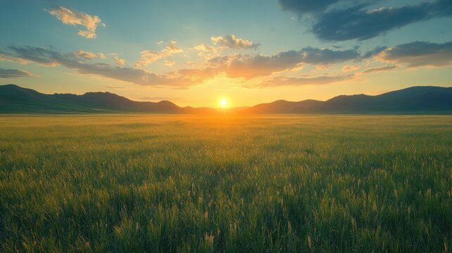 Golden sunset over a vast field of green grass with distant mountains under a cloudy sky