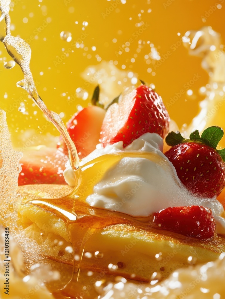 Poster fluffy pancakes topped with strawberries and whipped cream served with a splash of syrup