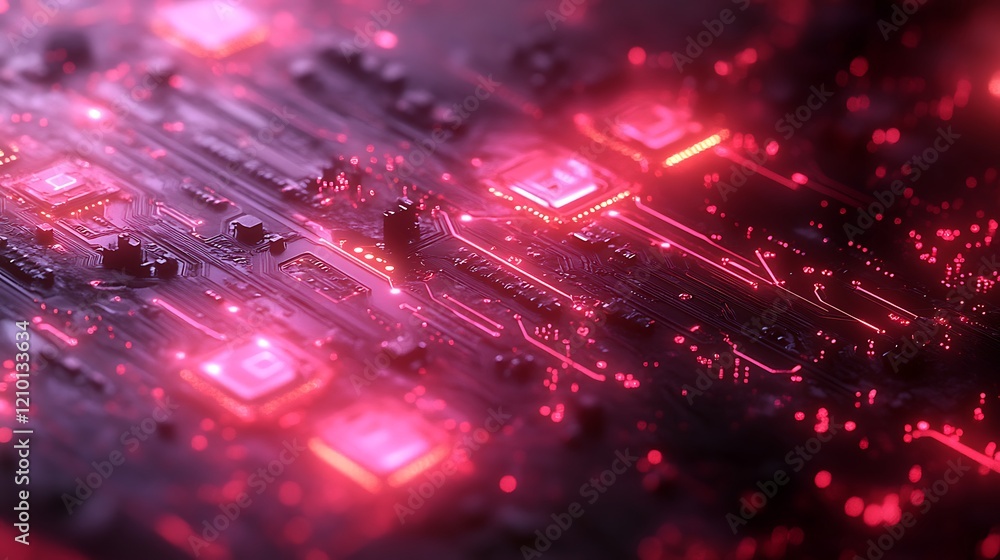 Poster circuitry glow: a mesmerizing abstract closeup of a futuristic circuit board, illuminated with vibra