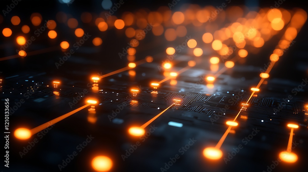 Poster network nexus: glowing orange nodes connect across a dark, high-tech circuit board, creating a mesme