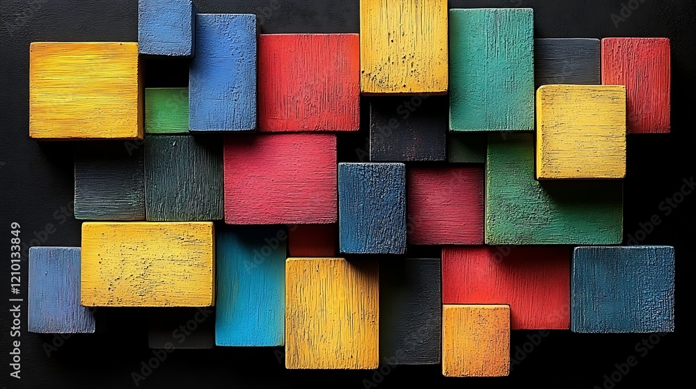 Poster colorful wooden blocks abstract: a vibrant abstract composition featuring an array of colorful woode