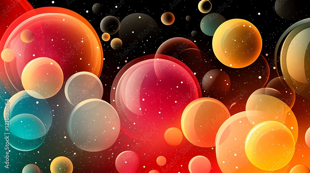 Poster abstract cosmic bubbles: a mesmerizing abstract design of colorful, translucent bubbles floating aga