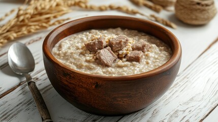 Hearty buckwheat porridge with tender meat served in a rustic wooden bowl against a backdrop of natural ingredients on a white table