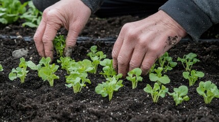 Hands planting a seedling in soil.