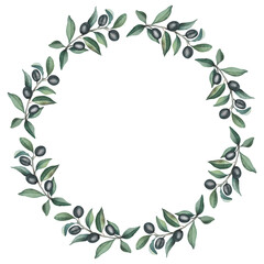 Wreath Frame. Watercolor Black Olive Twigs with Fruits, Leaves. White Background. For Packaging Design Cosmetics, Kitchen, Home Textiles, Invitations, Cafe Menus, Tableware, Stationery, Business Cards