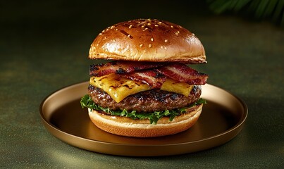 Delicious pineapple bacon cheeseburger with grilled pineapple and crispy bacon on a gold plate