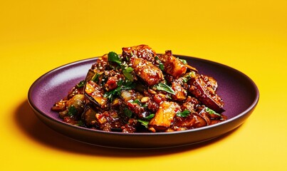 Delicious and savory eggplant in garlic sauce with a rich flavor profile on a purple plate