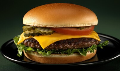 Bison burger served with cheddar, lettuce, tomato, and pickles on a sleek black plate with a muted green backdrop