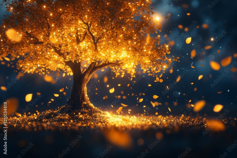 Poster a magical yellow tree glowing in a twilight forest, with golden leaves shimmering and casting ethere
