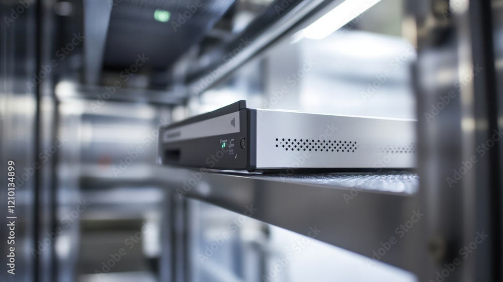 Poster network server storing valuable data on a shelf in a modern data center, ensuring secure storage and