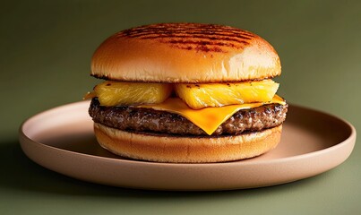 Delicious Hawaiian cheeseburger with grilled pineapple and teriyaki sauce on a light brown plate