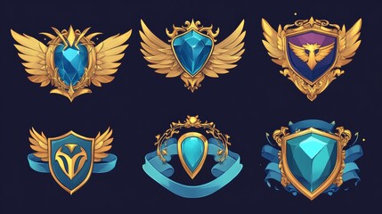 Set of hexagon shape game rank badge isolated on background. Vector cartoon illustration of blue diamond gemstone decorated with sparkling golden wings, silk flag, ribbon, royal reward. Gui elements