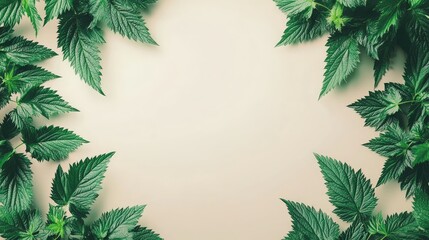 Symmetrical arrangement of vibrant green nettles against a soft beige background, featuring ample copy space for design and branding purposes.